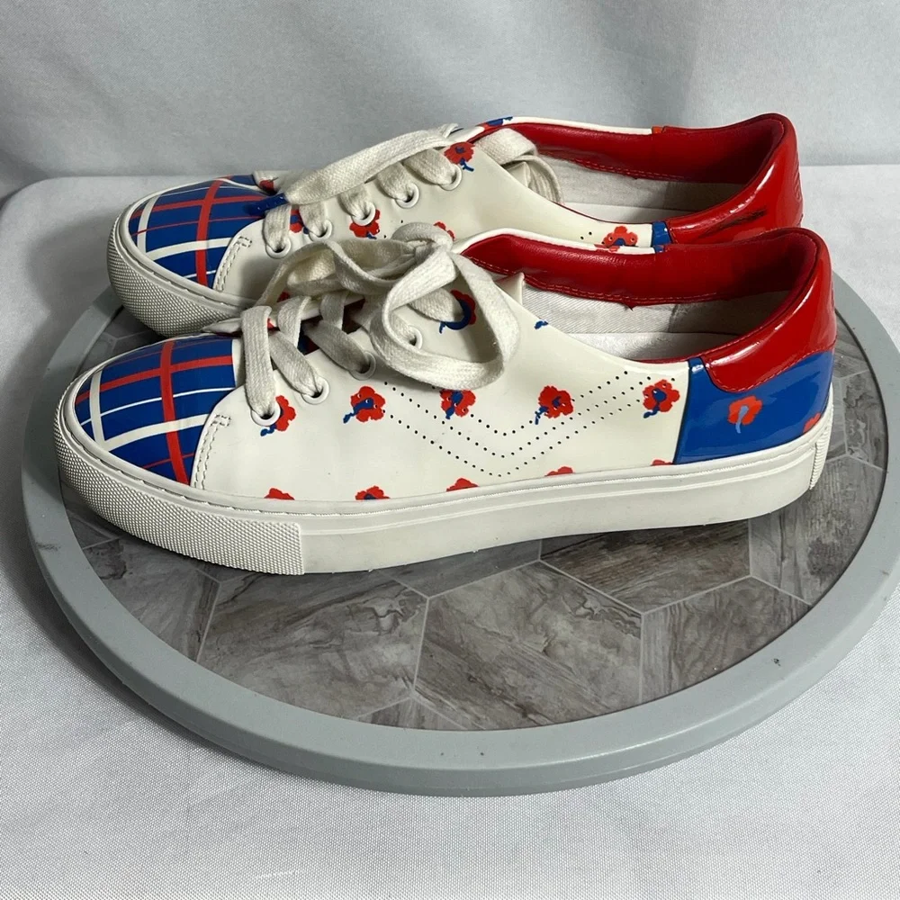 Tory Burch Tory Sport Floral Plaid Sneakers 5.5M Leather Low Top